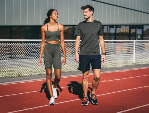 Sur l'image il y a deux personnes : un homme et une femme. Ils sont sur une piste d'athletisme et s'apprête vraisemblablement à débuter leurs footing avec leur tenue sportswear.